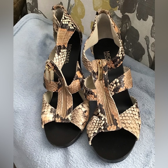 Michael Kors Tan and Black Snake Print Sandals - Picture 1 of 6